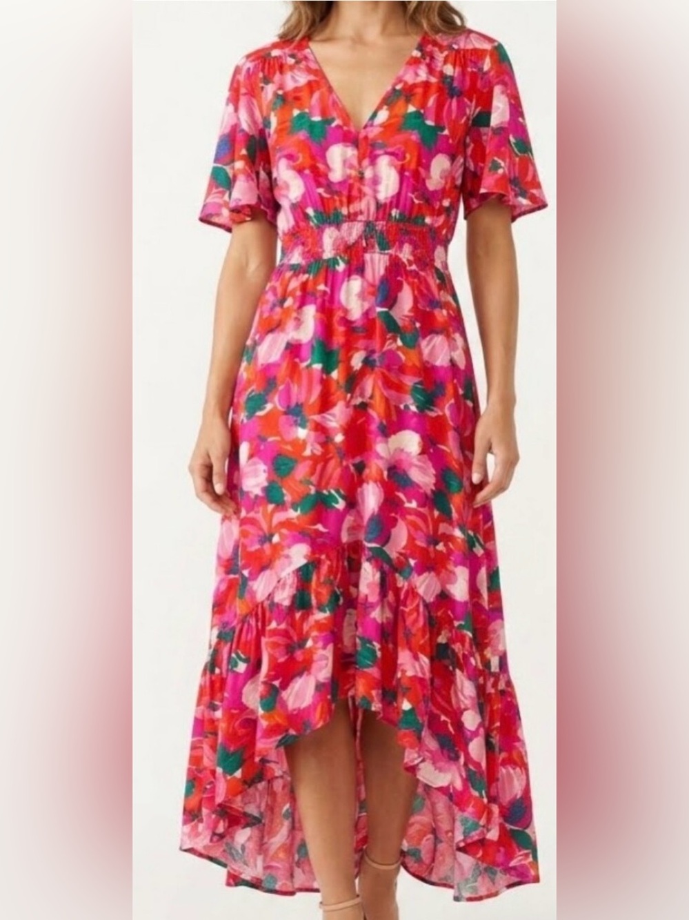 Floral Pink High-Low V-Neck Dress with Smocked Waist